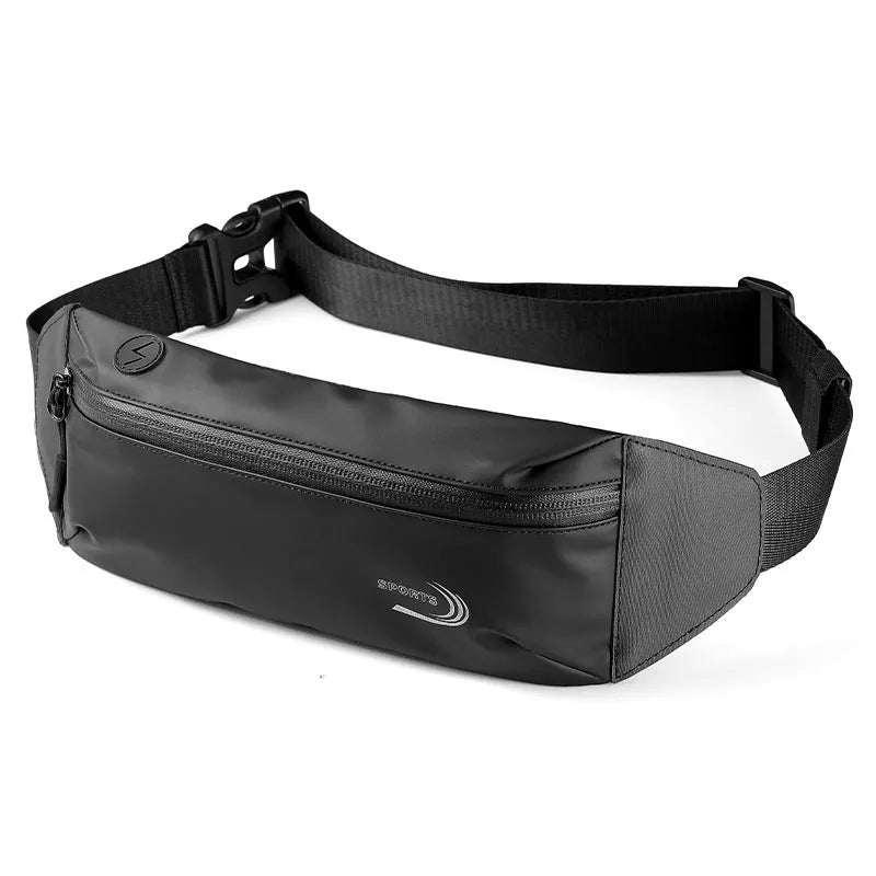 Men's blue waterproof polyester sports waist bag with adjustable strap.