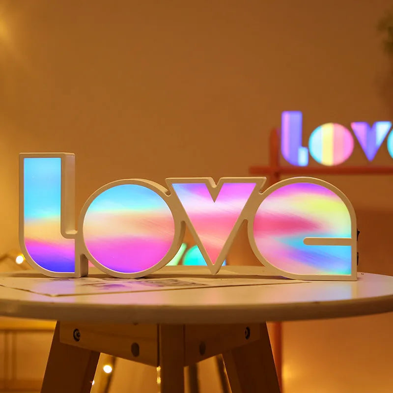 LED LOVE Light with rainbow-coloured lampshade displaying LOVE word for romantic decoration