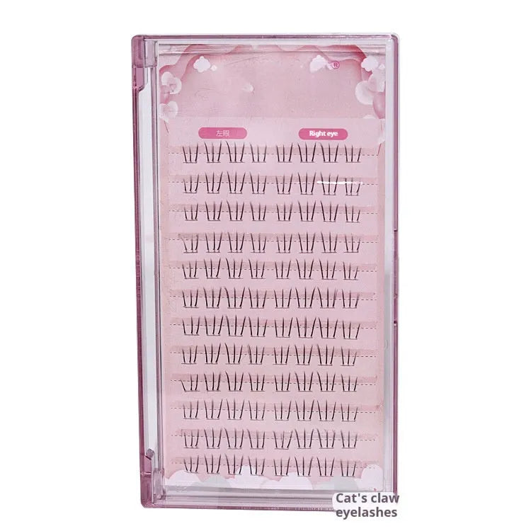 Segmented artificial eyelashes showing sheer root to pointed tail design in 12-row configuration