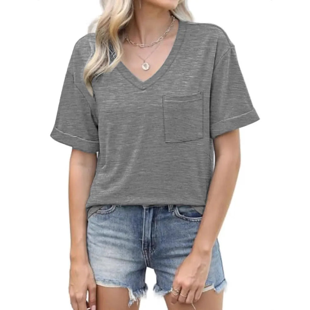 Grey loose V-neck T-shirt with front pocket and short sleeves