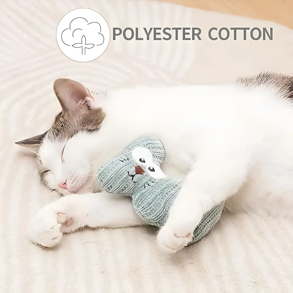 Knitted plush catnip toy with bell in cyan colour, shown next to a 12 cm ruler for scale