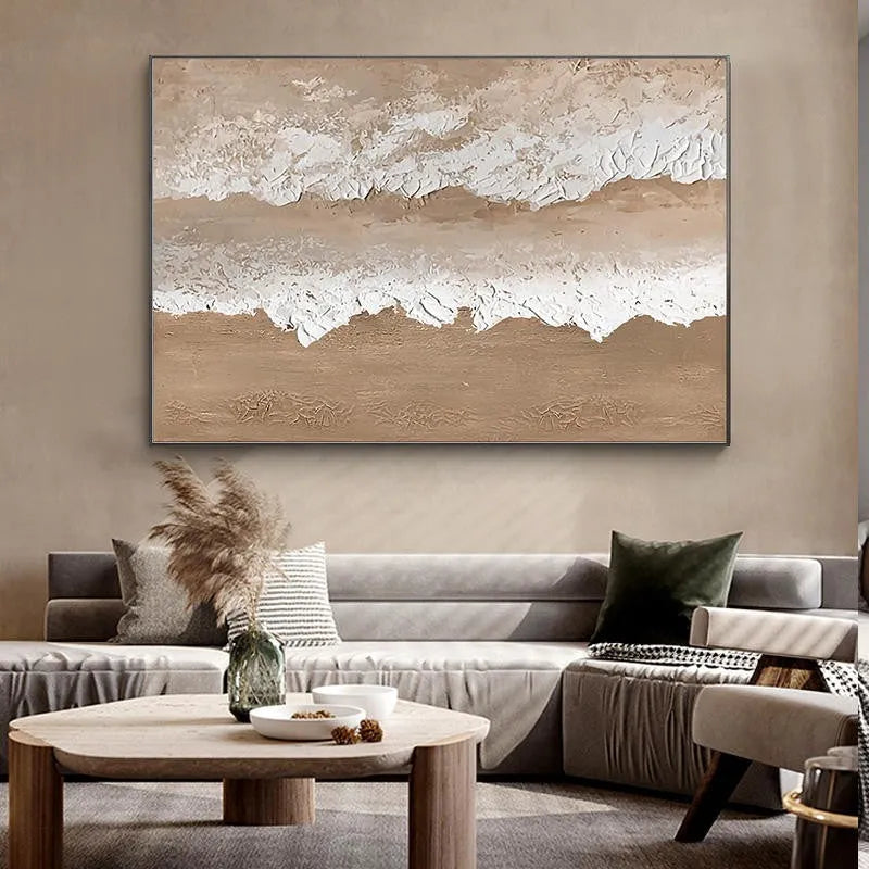 Handmade abstract beach landscape oil painting on canvas with brown texture for wall decoration