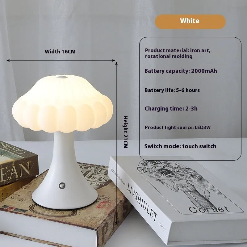 Mushroom shaped touch control night light with USB charging in wood grain colour finish
