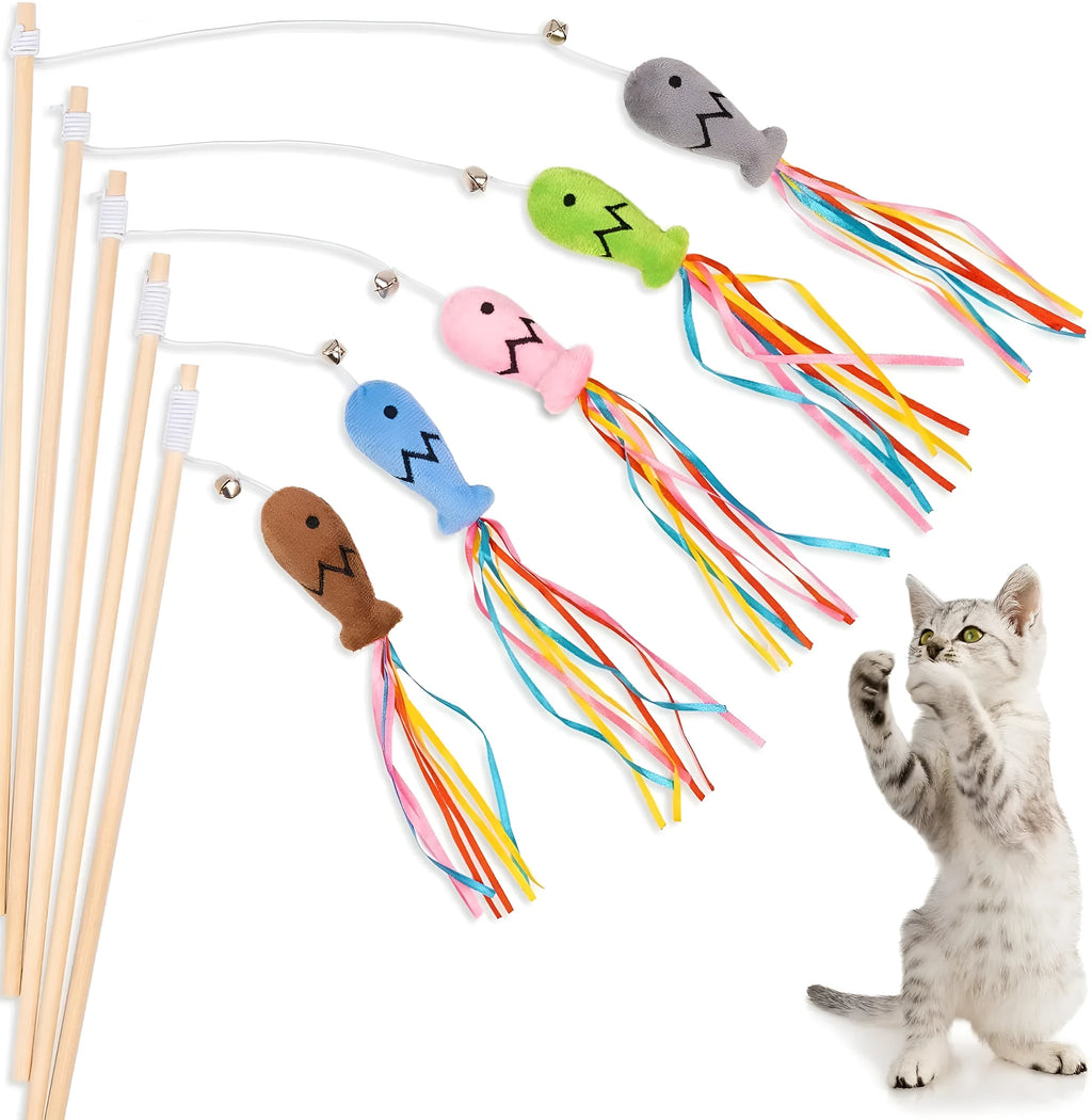 Cat wand toy with colourful ribbons, catnip fish, bell, and wooden handle for interactive play