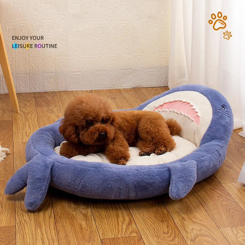 Shark pattern pet bed with velvet fabric and non-slip base in blue colour