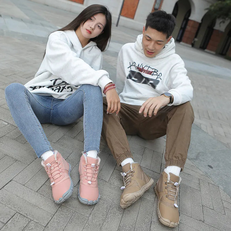 Outdoor snow boots waterproof non-slip insulated fleece-lined in black, khaki, and pink colours