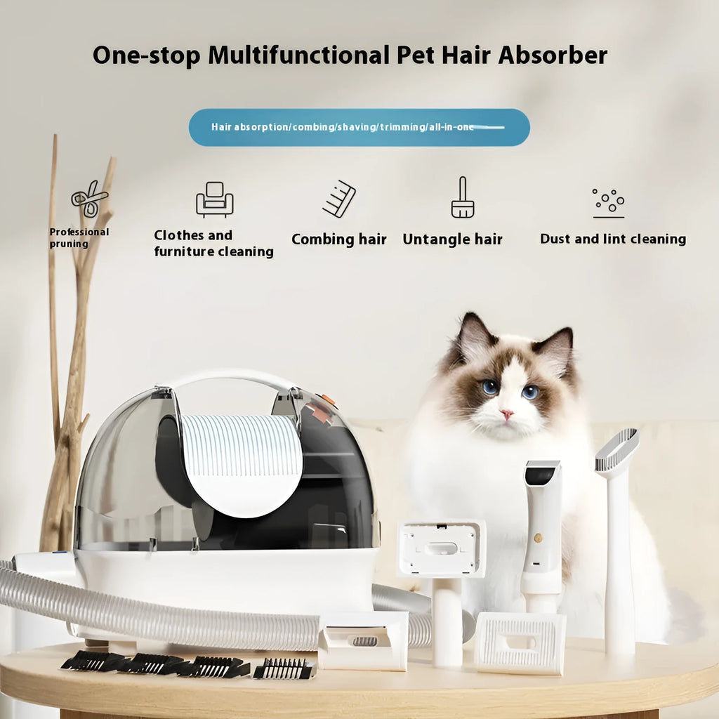 Pink and white multifunctional pet grooming vacuum cleaner with hose, shear, and comb attachments