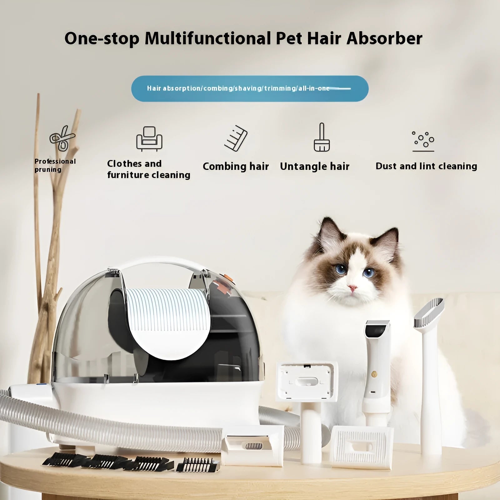 Pink and white multifunctional pet grooming vacuum cleaner with hose, shear, and comb attachments