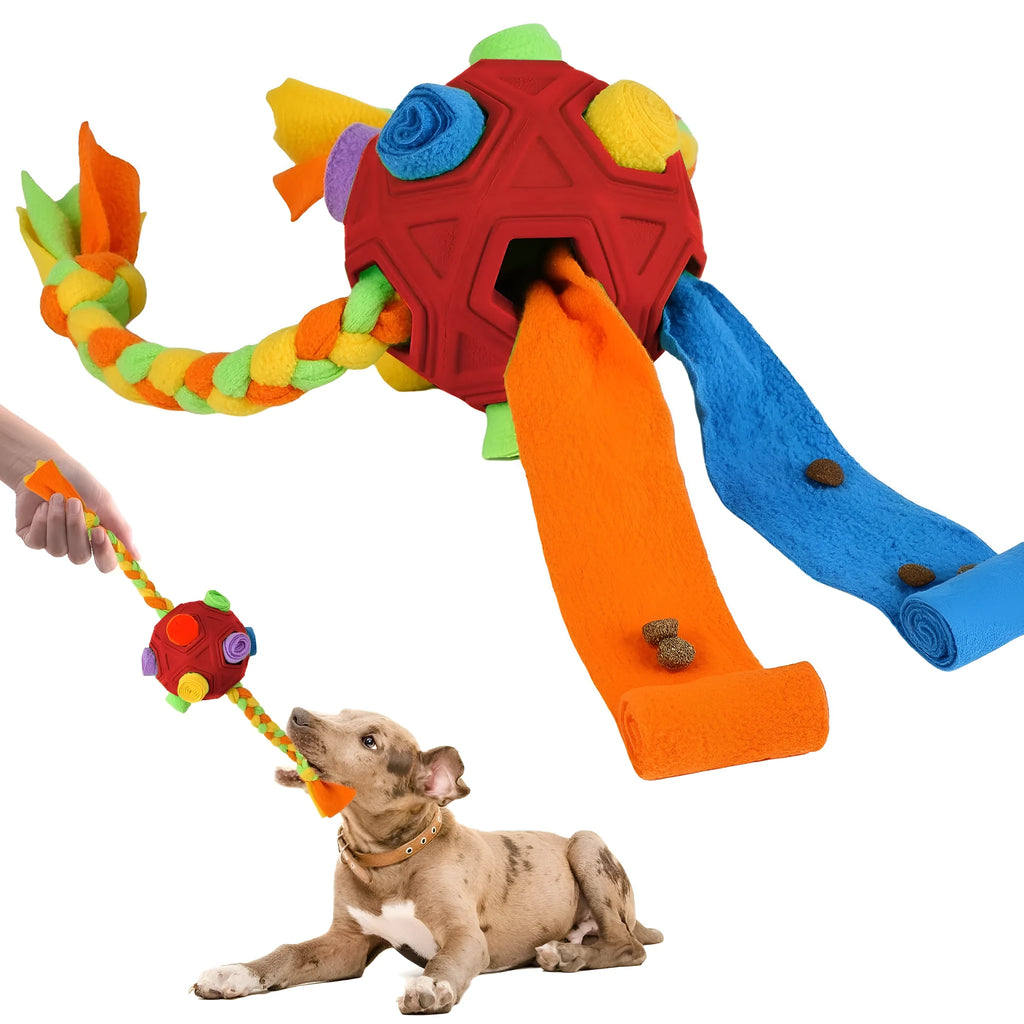 Blue thermoplastic rubber dog sniffing ball puzzle toy for IQ training and treat dispensing on a white background.