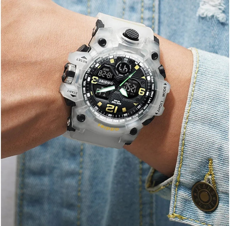 Men's white and red dual display sports watch with analogue hands and digital readout