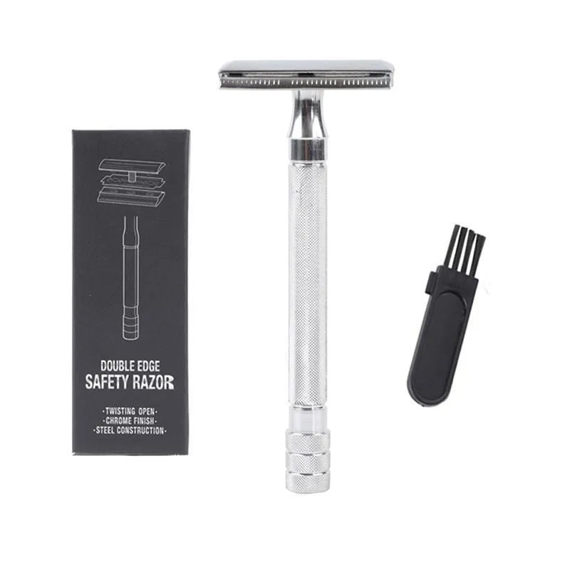 Traditional manual shaving razor set with metal scraper and matching barber brush