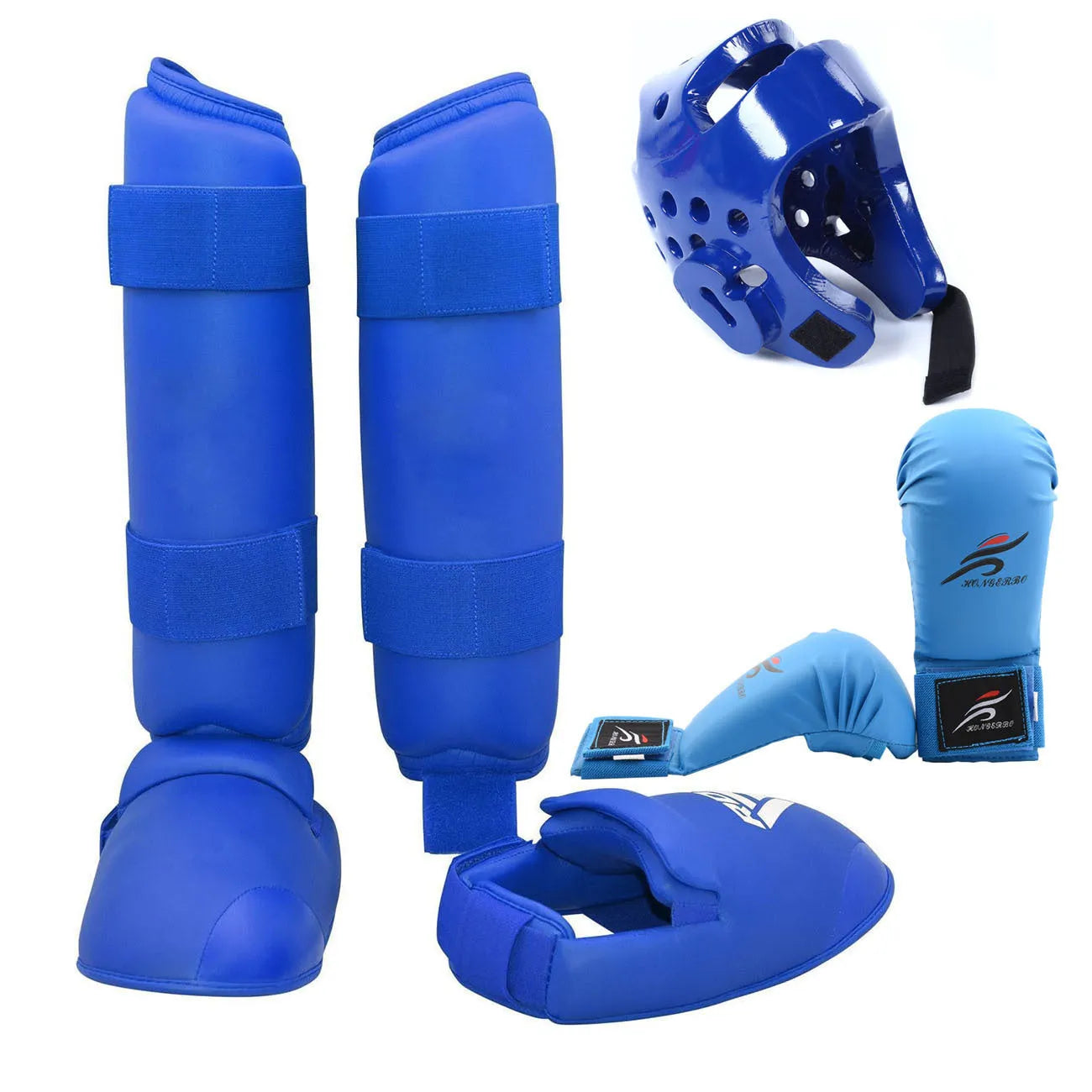 Karate Taekwondo protective gear set with blue leg guard, helmet and boxing gloves