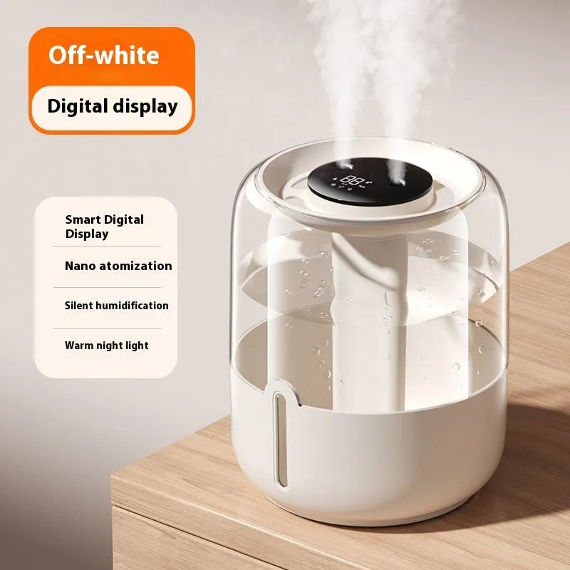 Beige round large capacity USB humidifier with dual spray nozzles and digital display