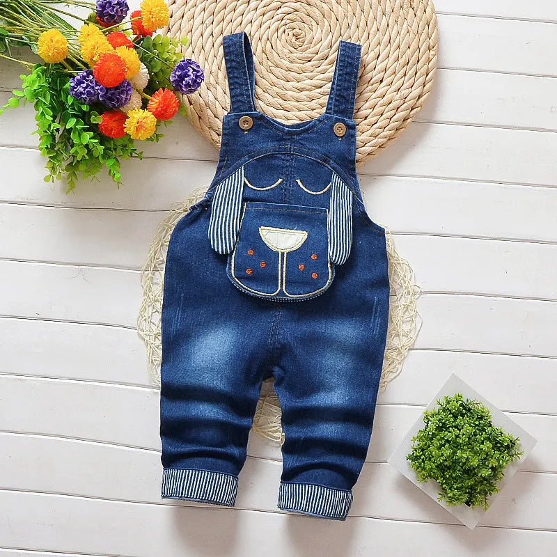 Blue dog print cotton blend kids strap jeans with suspender for boys and girls