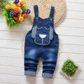 Blue dog print cotton blend kids strap jeans with suspender for boys and girls