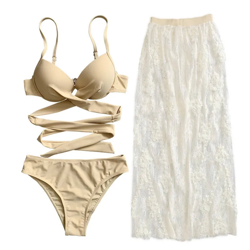Split three-piece backless push-up bikini set with skirt in creamy white, reddish brown, or white colours