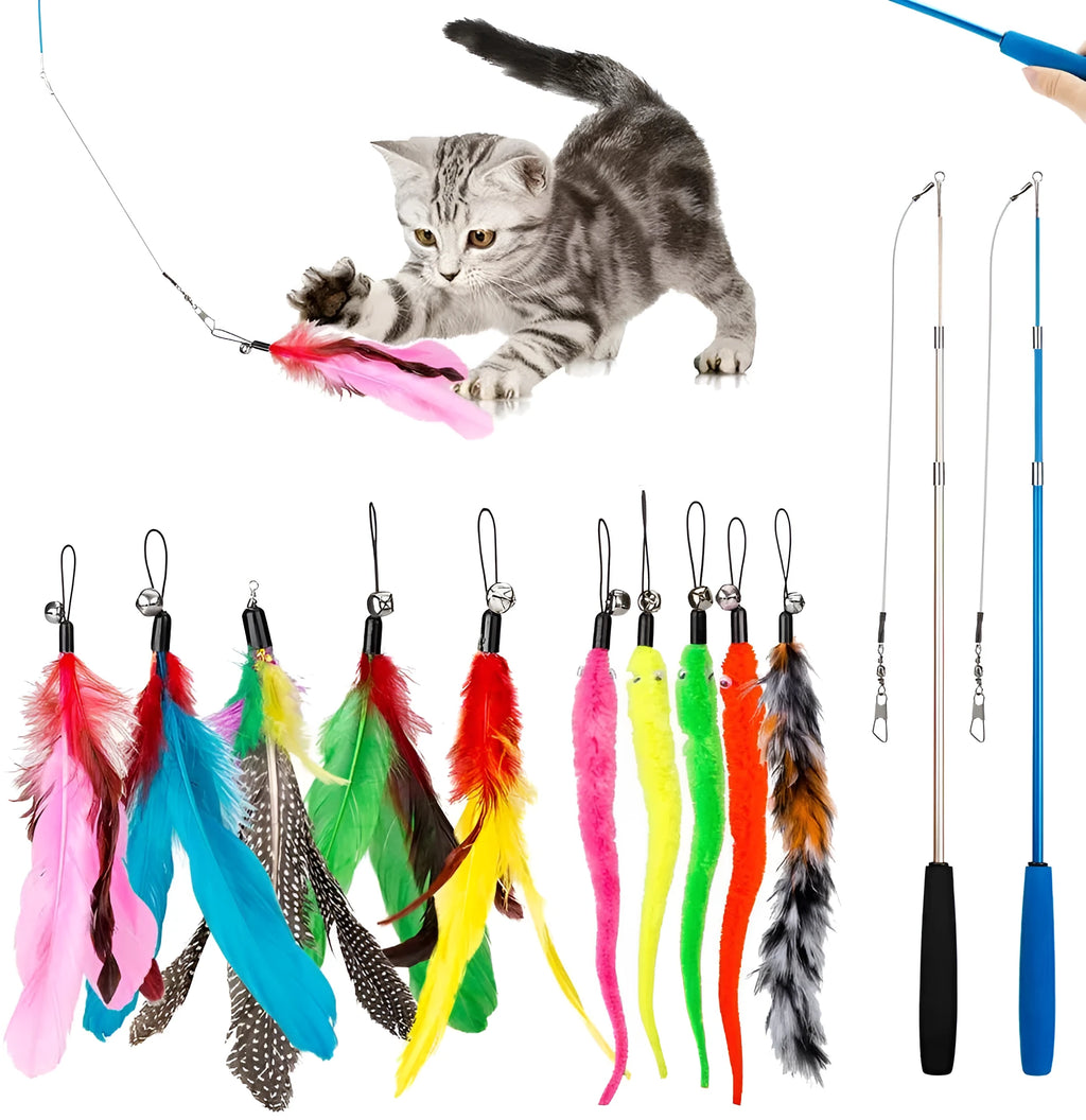 Extendable cat teasing fishing rod set with feather replacement heads