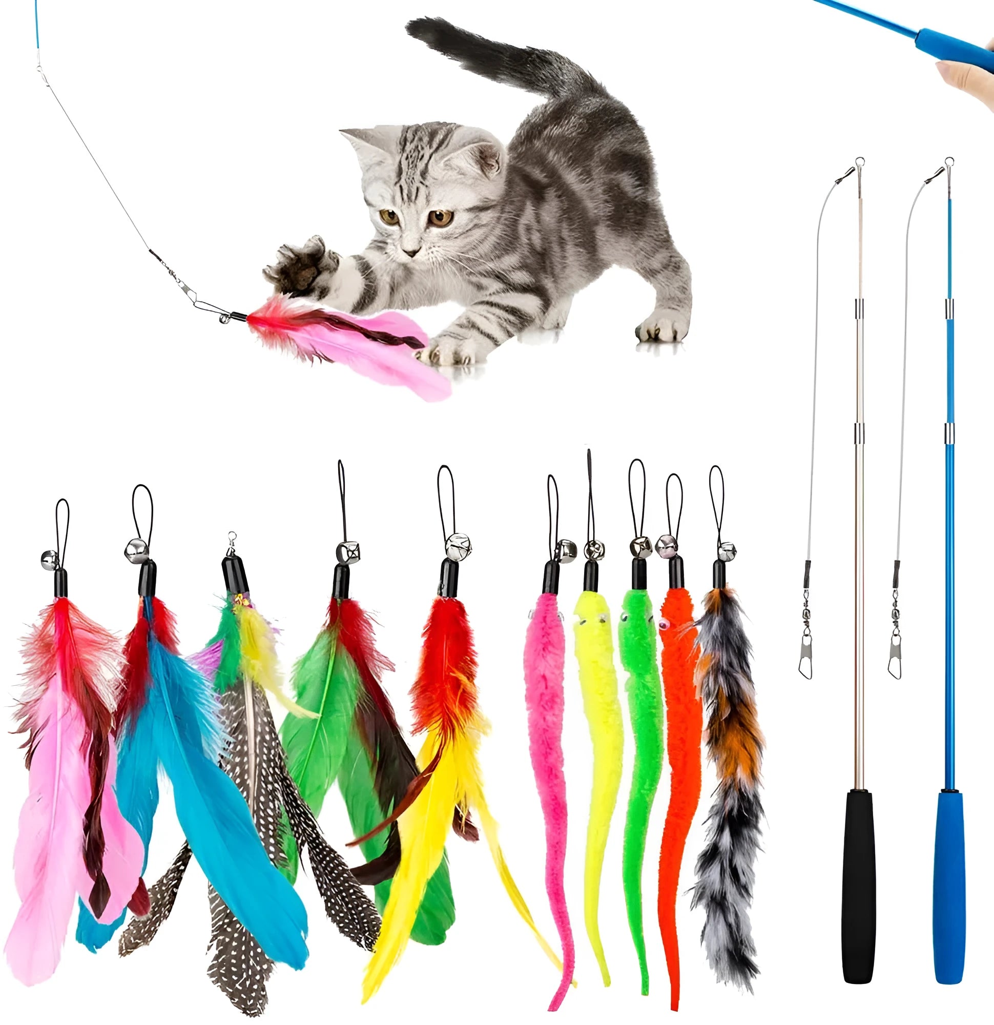 Extendable cat teasing fishing rod set with feather replacement heads