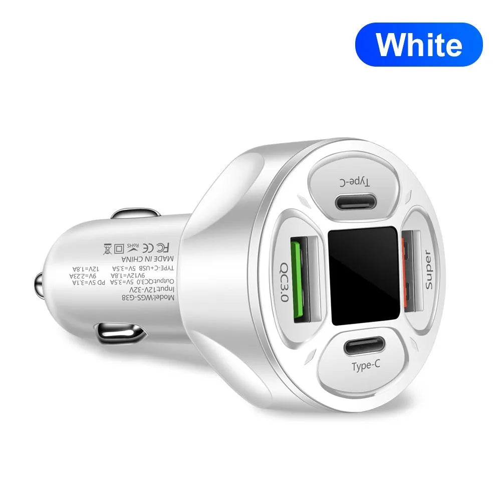 Black 66W car charger with digital display, two USB ports and two Type-C ports