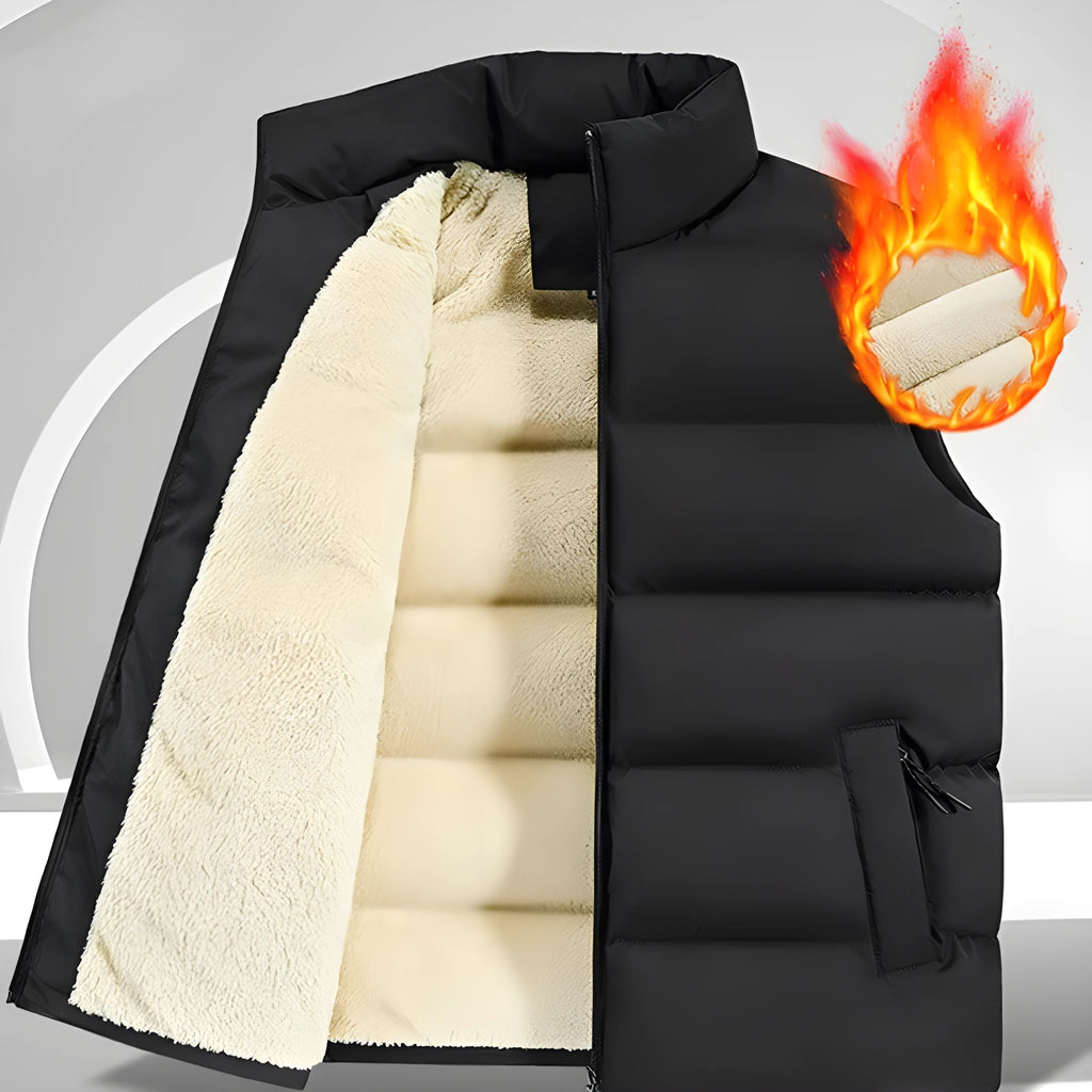 Man wearing a striped lambswool vest in black, showing the sleeveless design for autumn and winter.