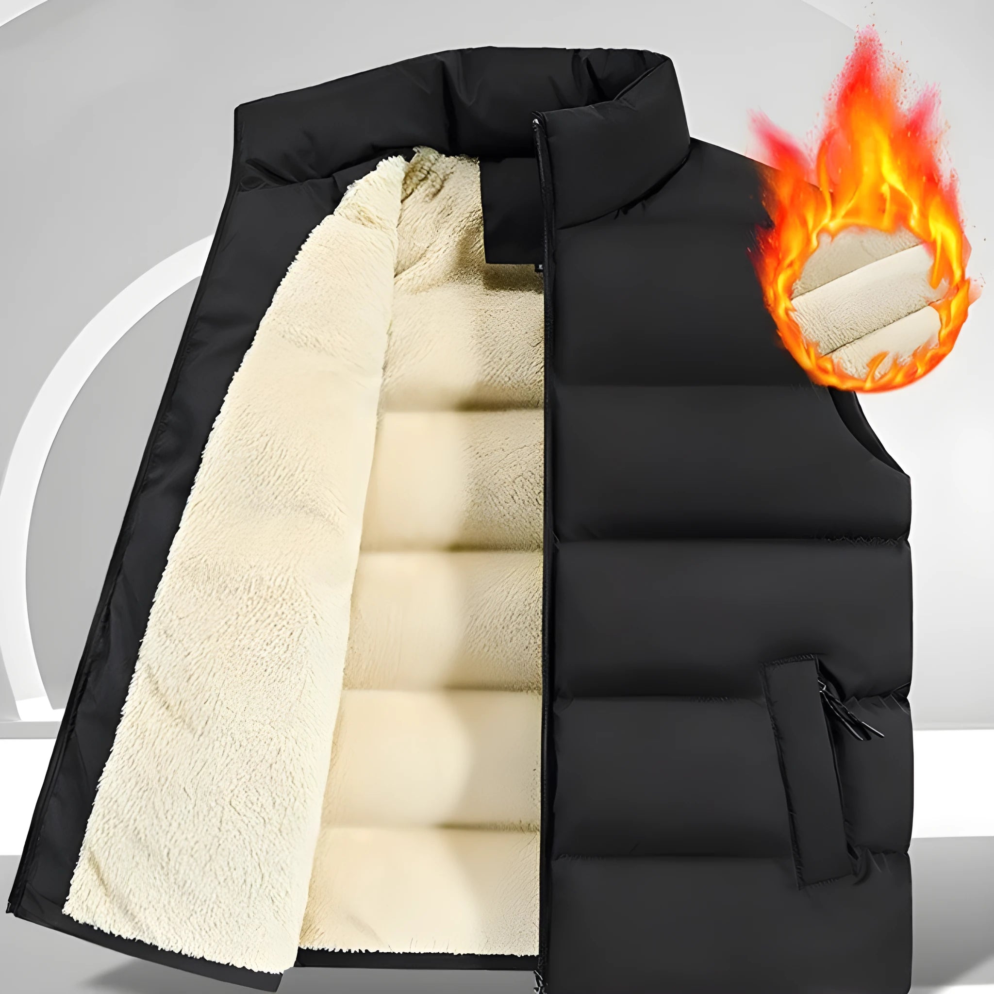 Man wearing a striped lambswool vest in black, showing the sleeveless design for autumn and winter.