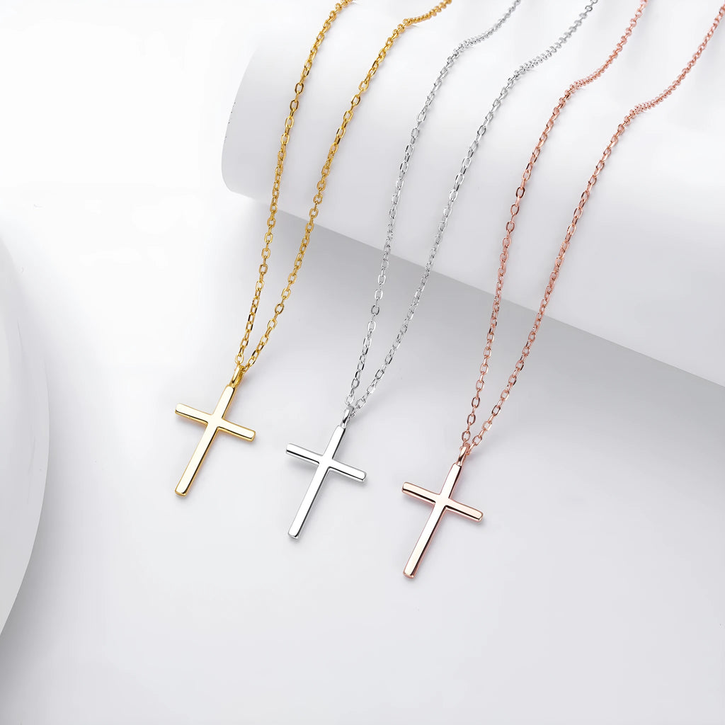Sterling silver cross necklace on O-shaped chain with gold, platinum, or rose gold plating