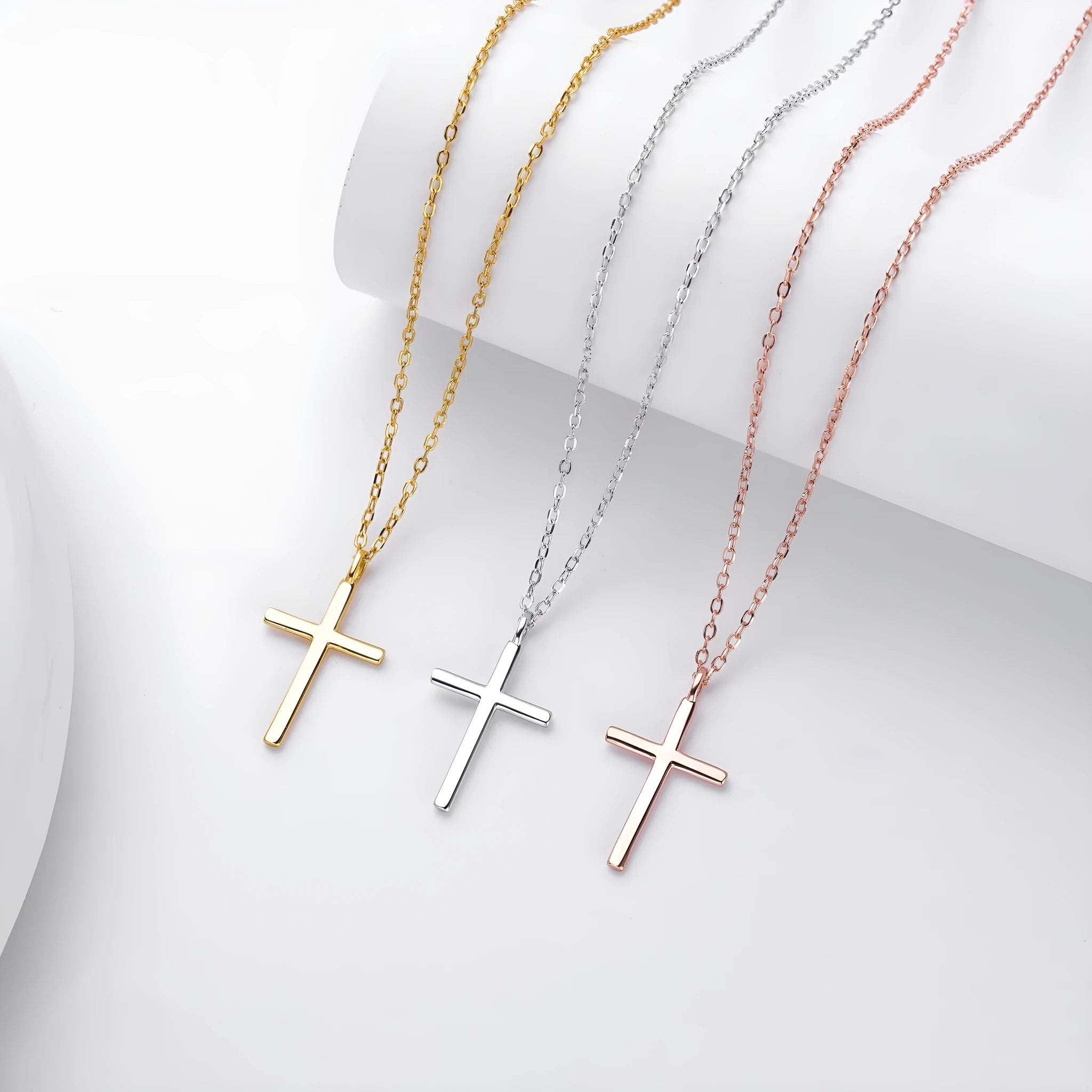 Sterling silver cross necklace on O-shaped chain with gold, platinum, or rose gold plating
