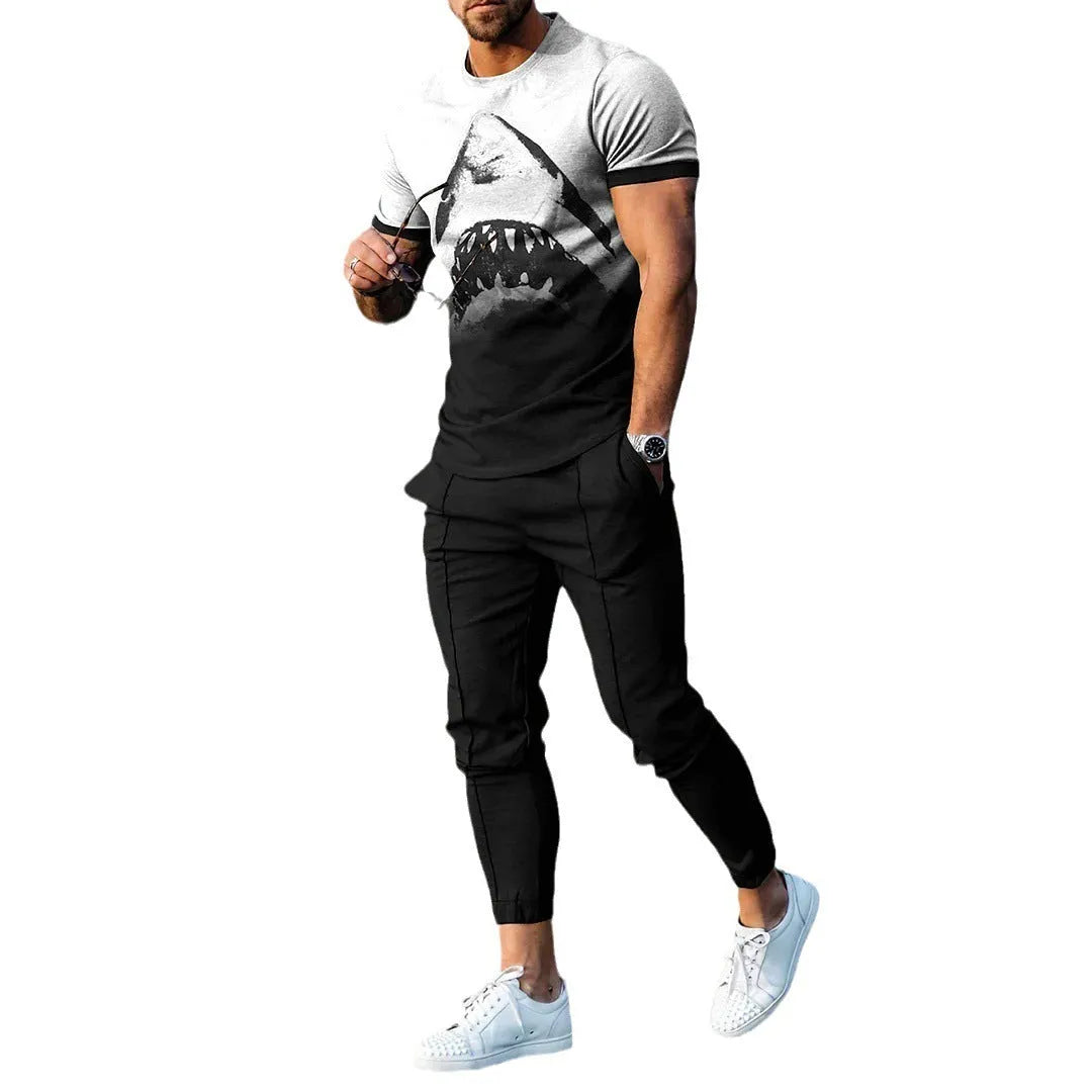 Man wearing a thin, short-sleeved printed pullover and matching trousers from a lightweight sport suit set.