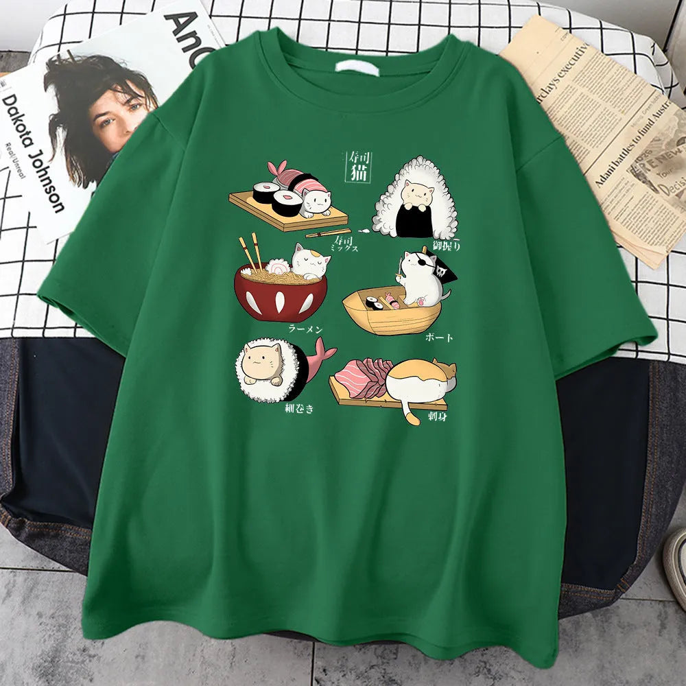 Men's loose fit black cotton T-shirt with a colourful cat sushi cartoon design on the front.