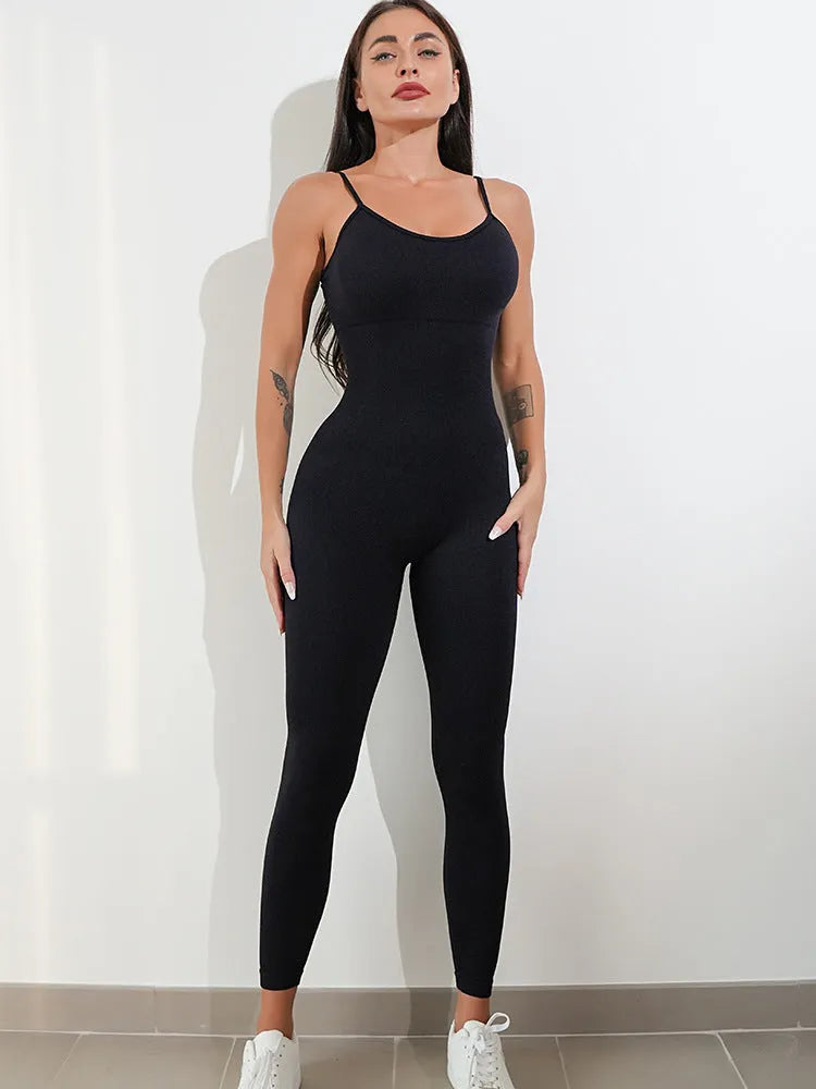Womens black sleeveless jumpsuit unitard with spaghetti straps and tummy control