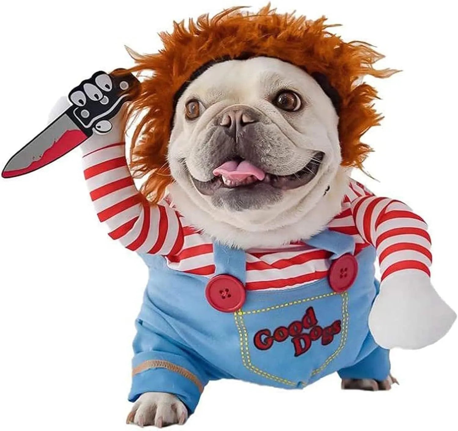 Striped Halloween dog costume with knife accessory in 3-piece set for pets