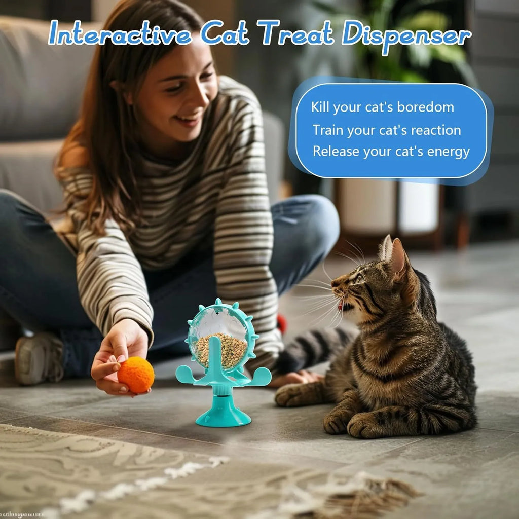 Interactive pet puzzle feeder toy with rotating dispenser in blue, green, red, or yellow colours