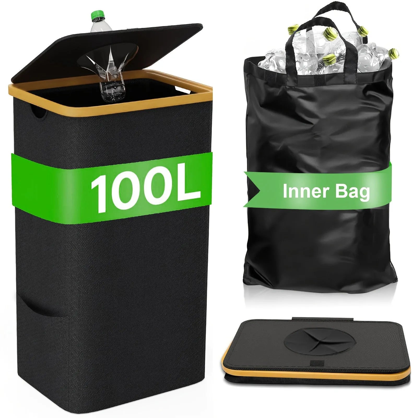 Black bamboo storage basket with removable lid and double inner pockets for recycling organisation