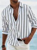 Men's yarn-dyed striped casual shirt in British cardigan style with loose fit and long sleeves