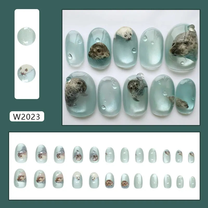 Cat eye summer ocean detachable false nails in short oval shape with glue