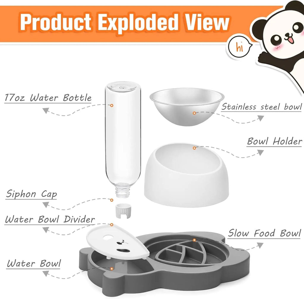 Grey panda-shaped elevated pet feeder with automatic water bottle and tilted food bowls