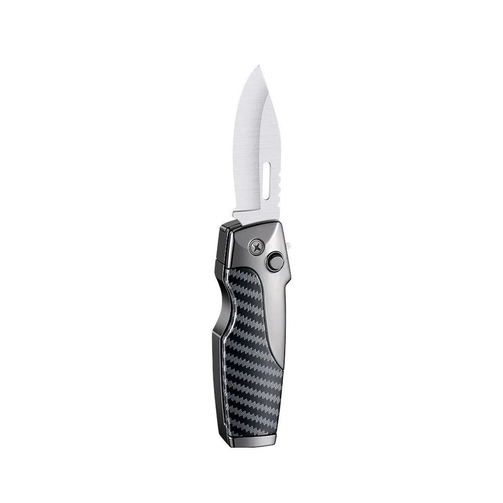 Metal folding lighter with straight jet flame and folding knife in various colour finishes