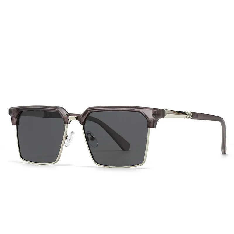 Men's square sunglasses with plastic frame in six colour options showing box-style design