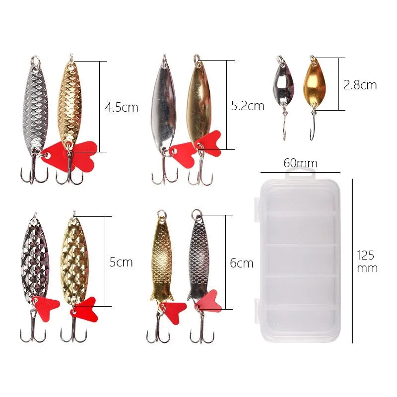 Gold and silver metal pineapple sequins for fishing lures, packaged in sets of 11, 21, or 36 pieces.