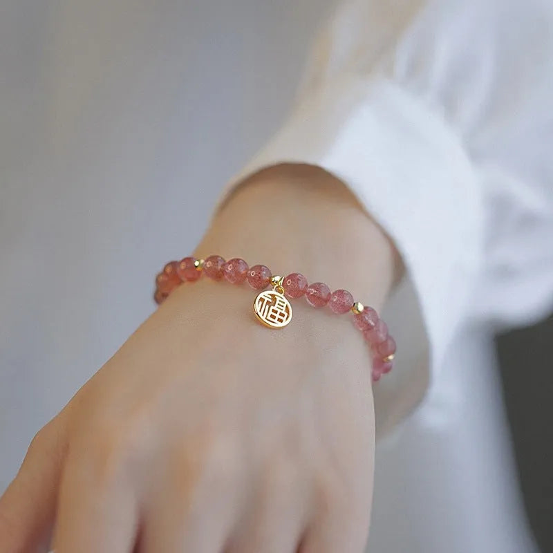 Strawberry quartz glass bead blessing card bracelet for women, New Chinese style, universal wrist size, manual crafted