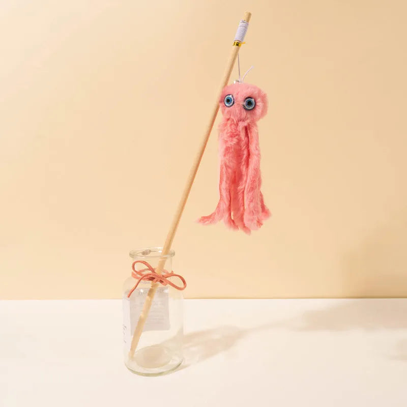 Colourful octopus cat toy with long stick for indoor feline entertainment