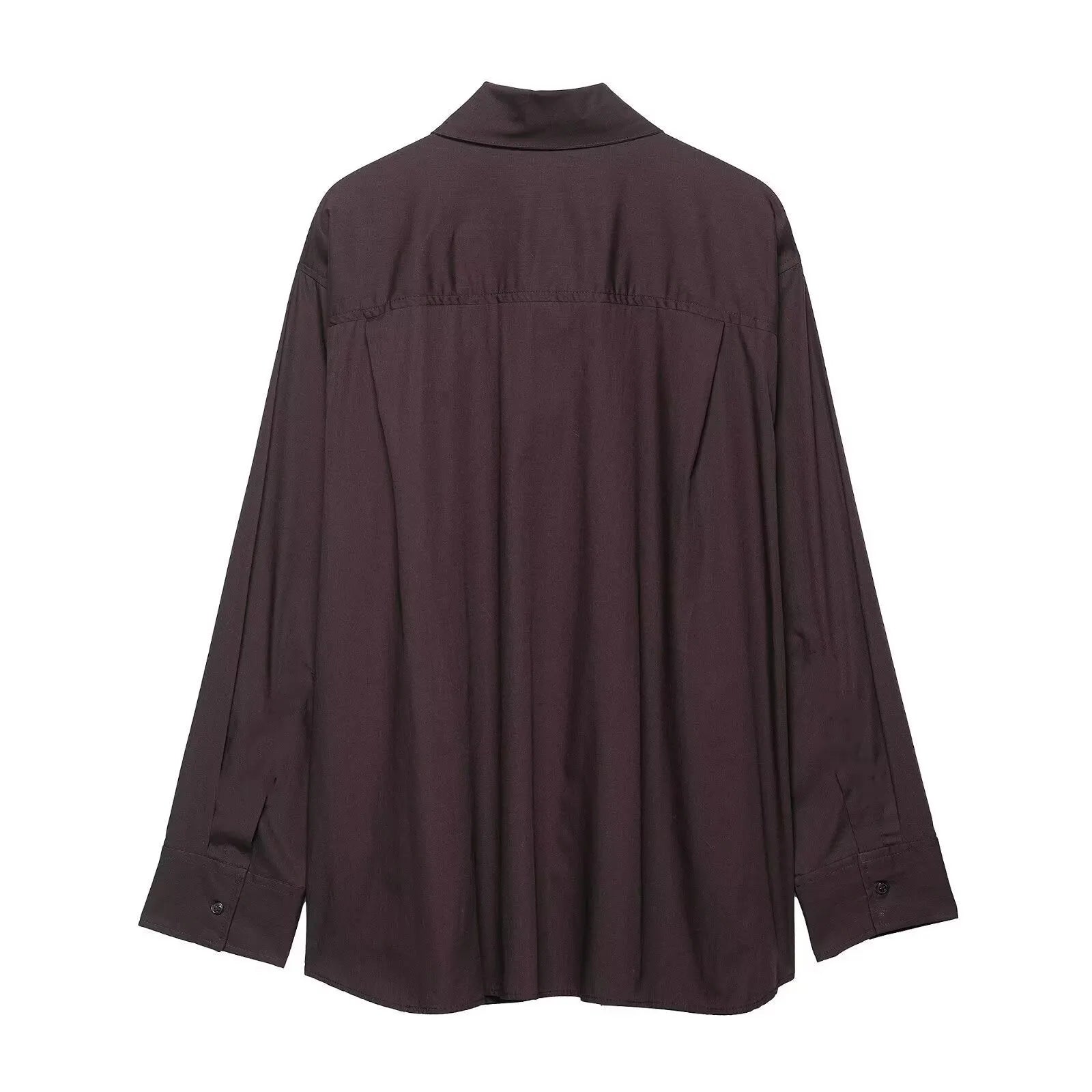 Brown women's poplin shirt with a loose fit, long sleeves, and a self-tie bow scarf collar.