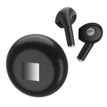White Budz5 wireless Bluetooth earbuds with charging case featuring noise reduction technology