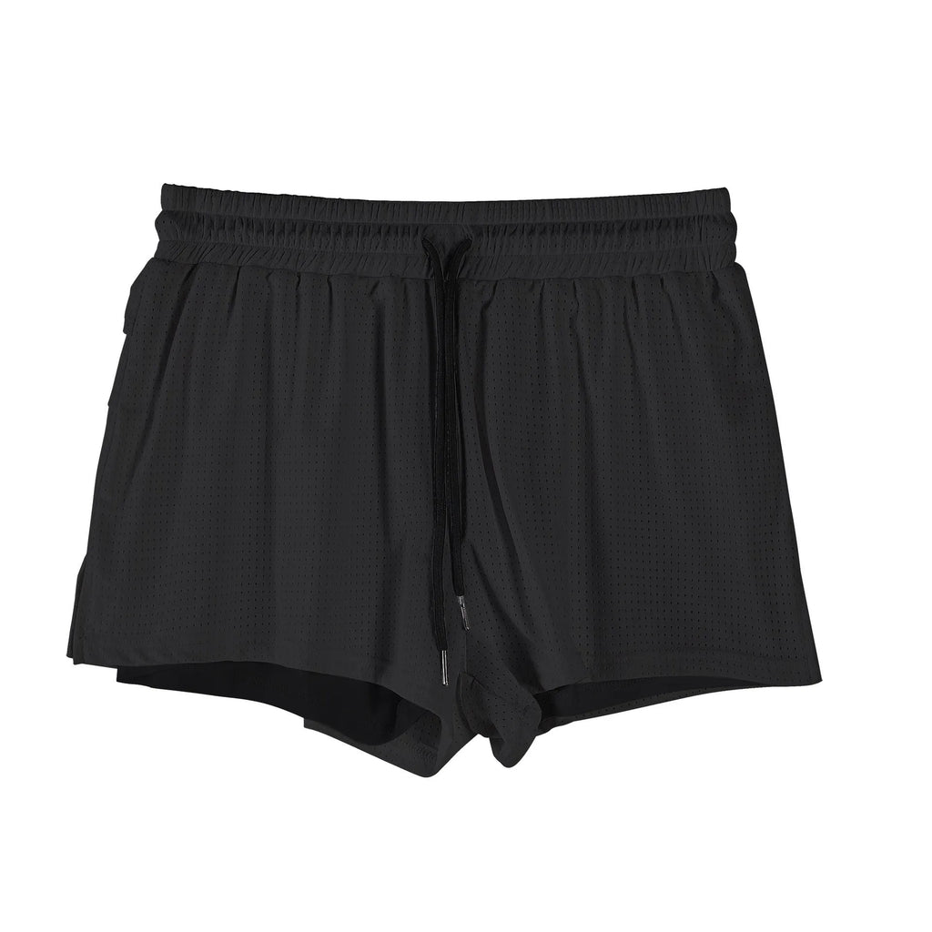Men's black and white nylon shorts with a mid-waist design for summer sports.