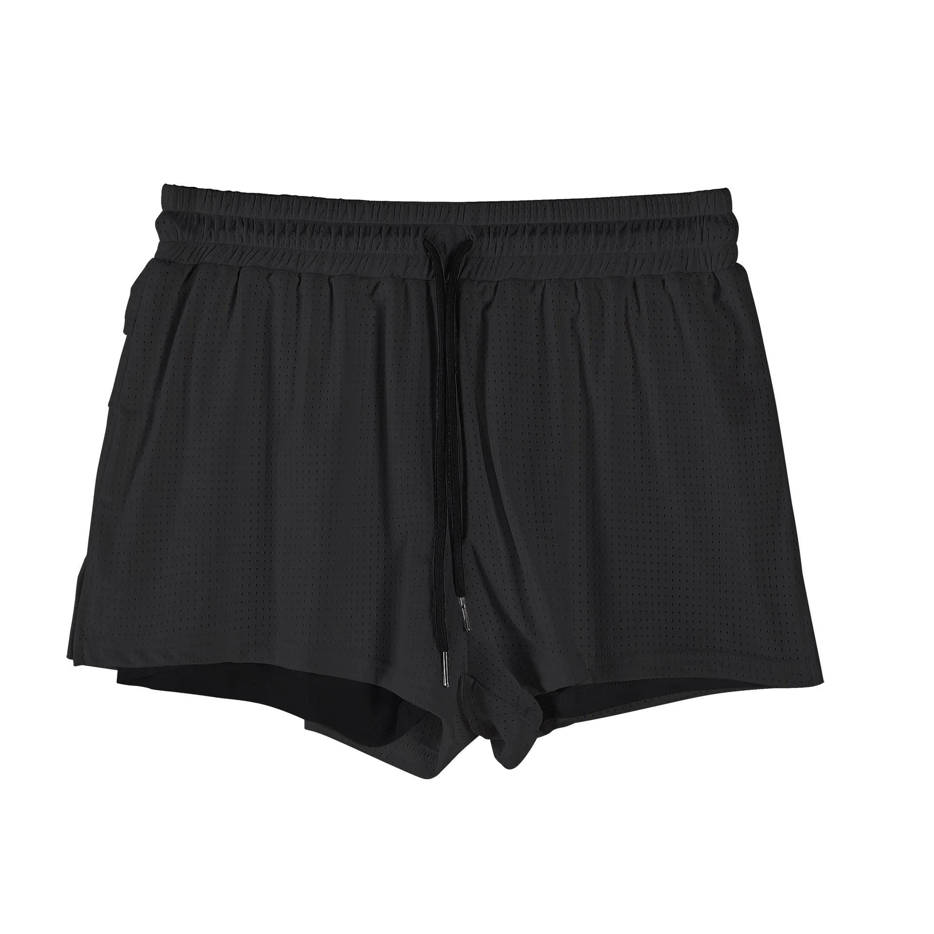 Men's black and white nylon shorts with a mid-waist design for summer sports.