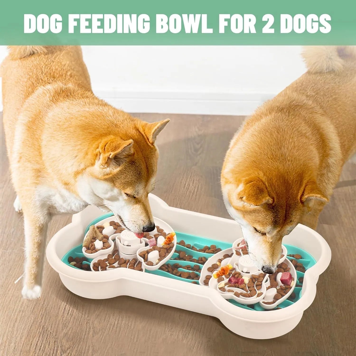 Large green slow feeder dog bowl with three-tier puzzle design for dry and wet food