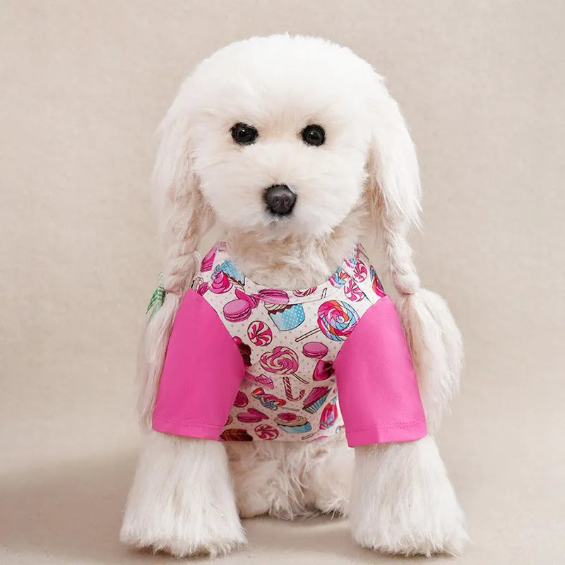 Printed polyester dog t-shirt for small dogs showing colour patterns and size options with weight guidance