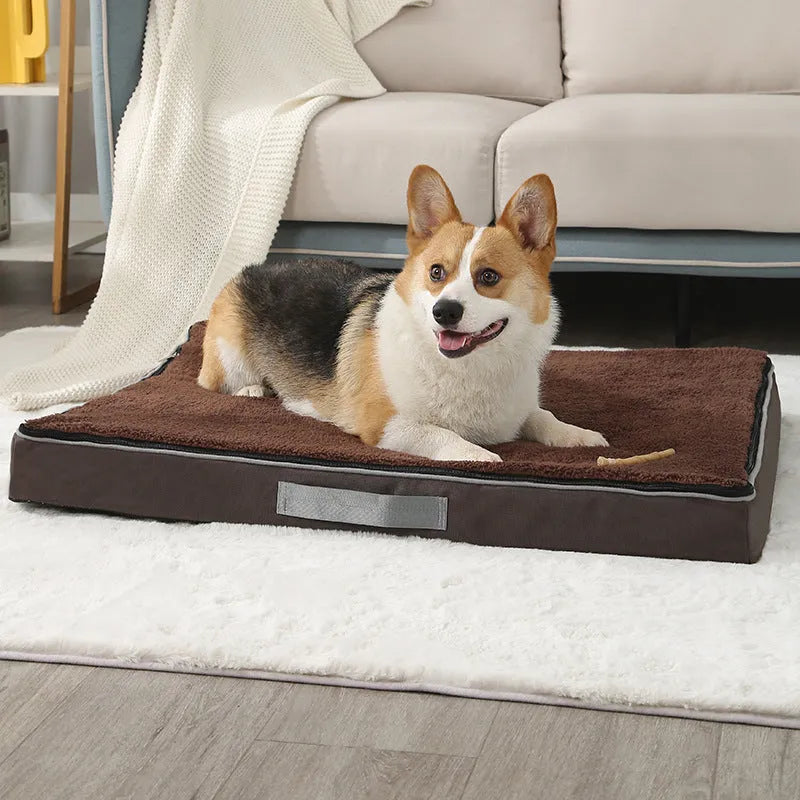 Brown removable washable memory sponge dog mat on a wooden floor