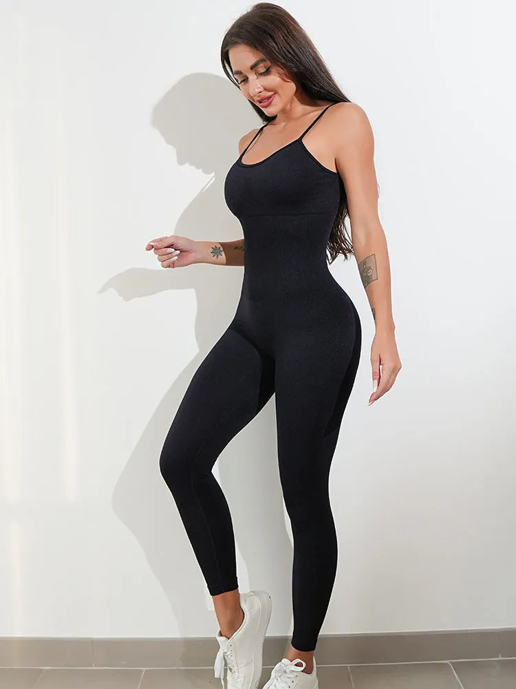 Womens black sleeveless jumpsuit unitard with spaghetti straps and tummy control