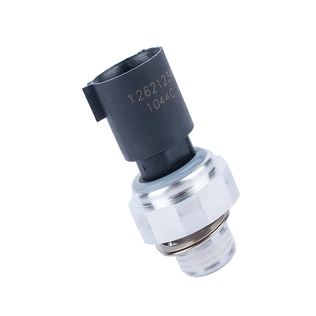 Silver automobile fuel pressure sensor with electrical connector isolated on white background.